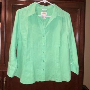 Talbots Pastel Green Linen Button Down Blouse PM